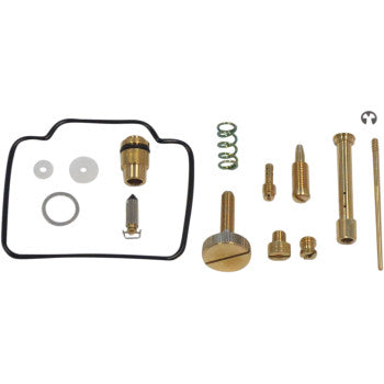 The Polaris Carburetor Repair Kit by Shindy includes float valves, jet needle sets, screws, jets, gaskets, O-rings, and small springs, all arranged neatly on a white background.