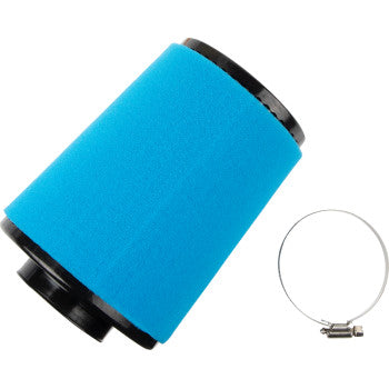 The CF Moto Air Filter by Moose Offroad is a blue cylindrical foam filter with black plastic ends and a neoprene sealing ring, shown beside a metal hose clamp. Made in the USA.