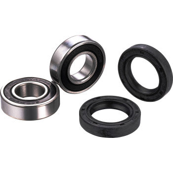The Wheel Bearing Kit Front Front Left & Right by Factory Links includes two metal ball bearings with visible rings and two black rubber seals, all arranged on a white background for enhanced rust and corrosion protection.