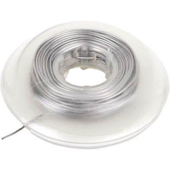 The Wire Spool .32 25' by Motorsport Products features coiled silver-colored wire on a clear plastic spool, with one end extended—perfect for use with Motorsport Products wire pliers.