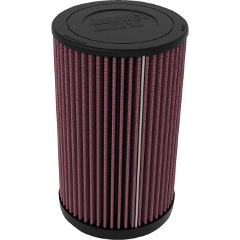 The Polaris Replacement High Flow Air Filter by K & N is a cylindrical air filter with black ends, red pleated filter material for superior filtration, and a logo on top. Its washable, reusable design ensures lasting performance.