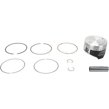 The Honda Piston Kit 68.50 mm by Wiseco is displayed on a white background, featuring a silver high strength-to-weight ratio piston, five piston rings, two circlips, and a cylindrical wrist pin.