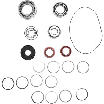 The Polaris Differential Bearing Seal Kit Rear by Moose Offroad includes EMQ-quality bearings, washers, and an o-ring with metallic parts and TC rubber seals, all arranged on a white background—ideal for differential servicing.