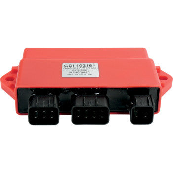 Red rectangular CDI box with three black electrical connectors and a white label on top.