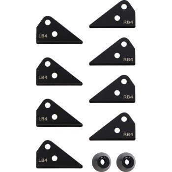 Eight black, triangular metal brackets (LB4, RB4) with holes are arranged in two columns, with two round silver washers (AC2) below. These parts are components of the Polaris Ranger Lift Kit by Demon for larger tires.