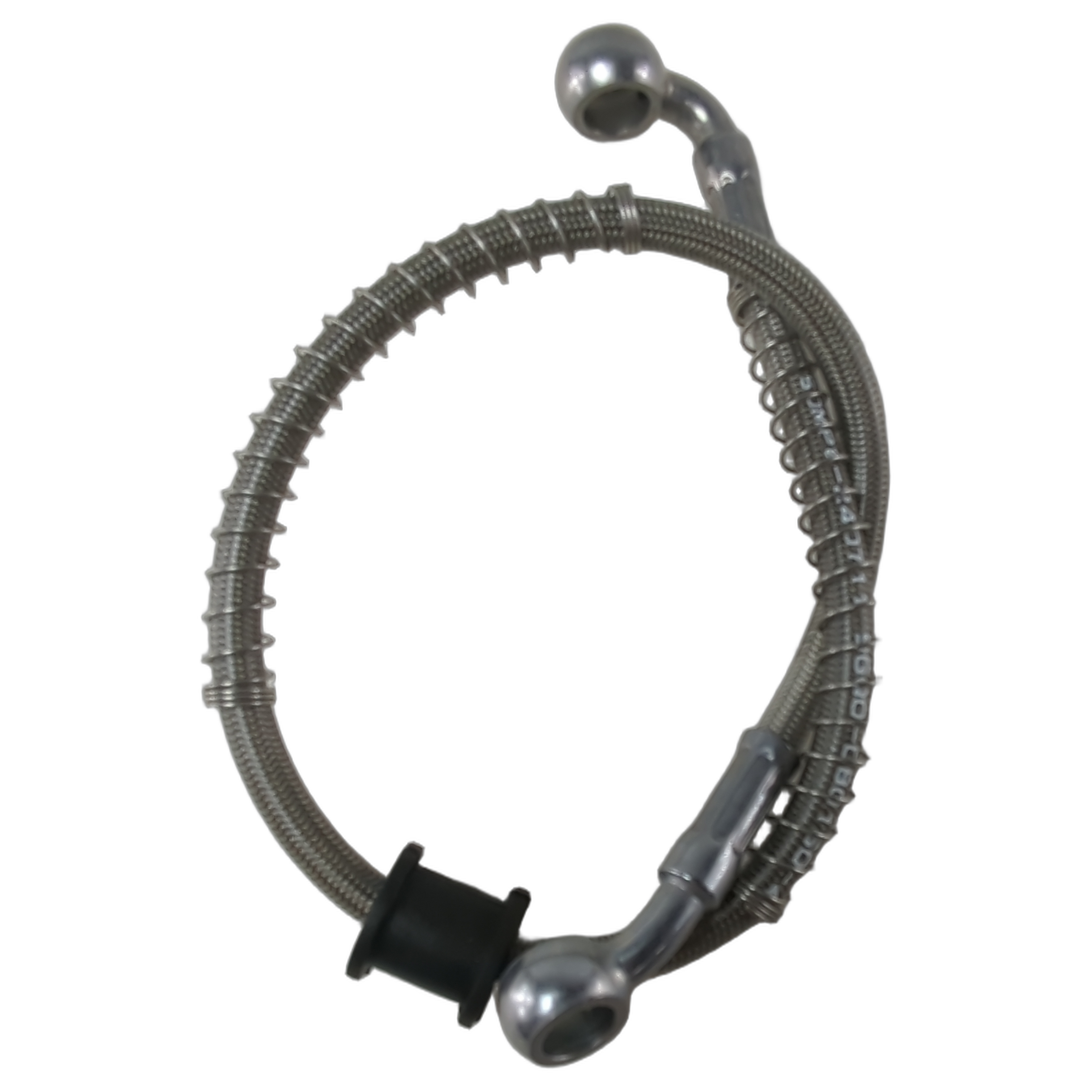 Braided stainless steel front caliper fluid hose with curved metal fittings and black rubber stopper.