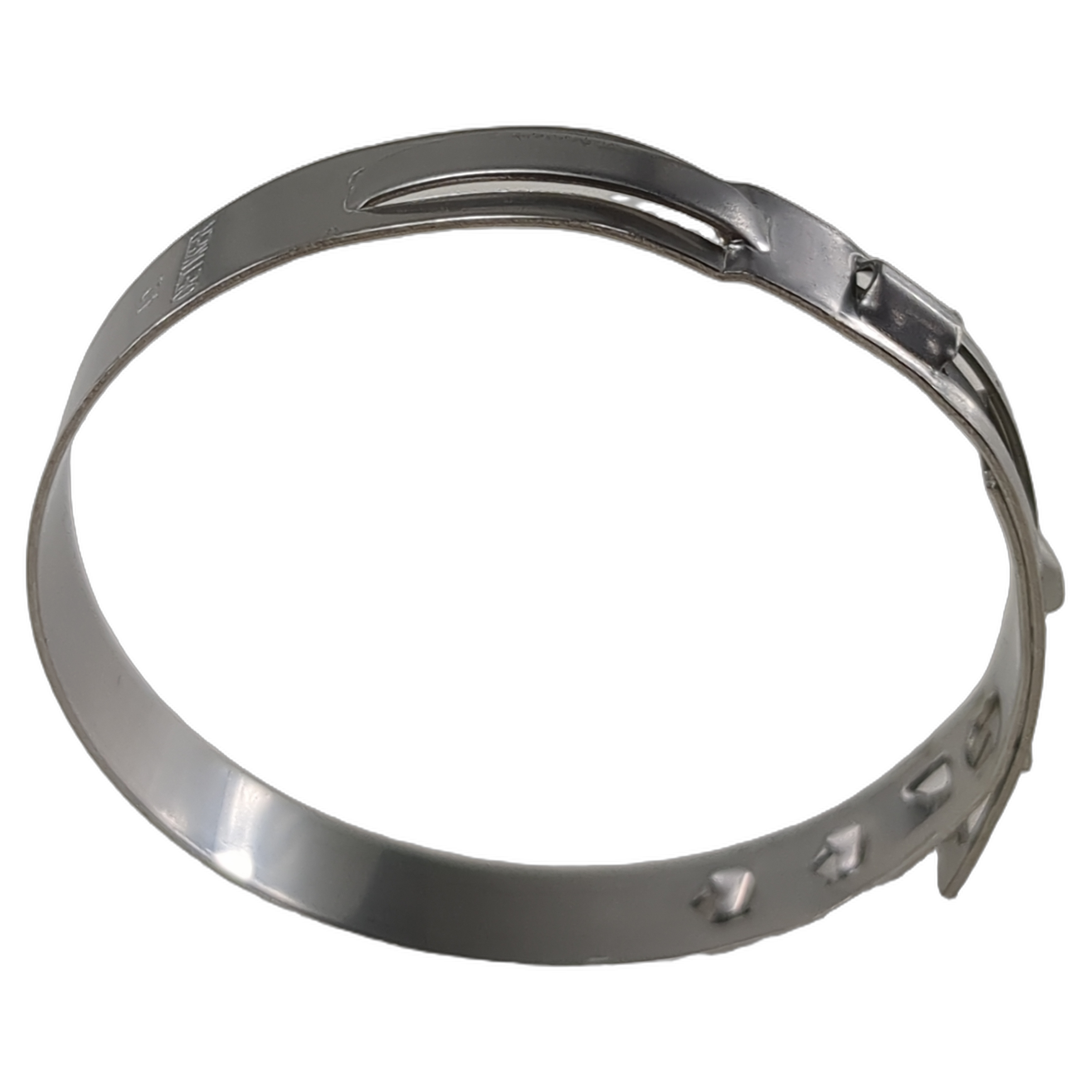 Silver metal ring clamp with slotted tightening design and smooth polished finish.