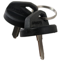 Black plastic CFMOTO key blank with metal blade and attached key ring, embossed logo on head.