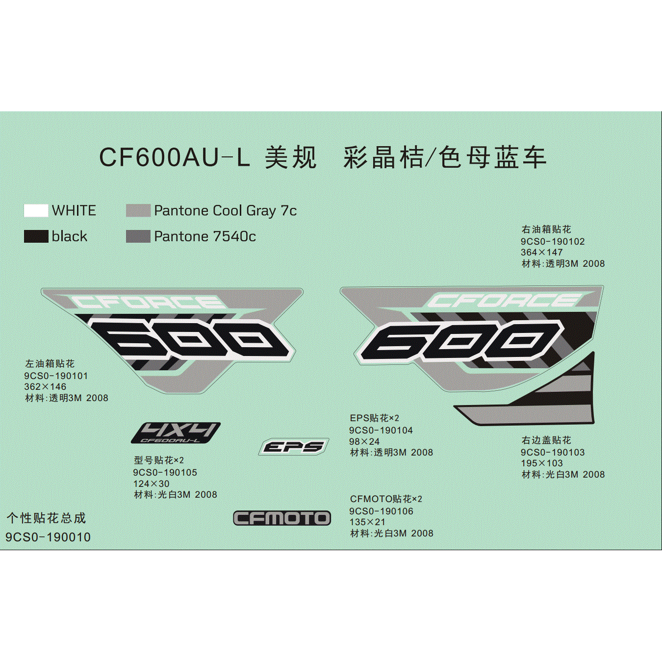 An Image of a genuine CFMOTO Parts Schematic Diagram showing the group - DECAL KIT (FOR CRYSTAL ORANGE& INJECTED BLUE VEHICLE - 2019 CFMOTO CFORCE 600