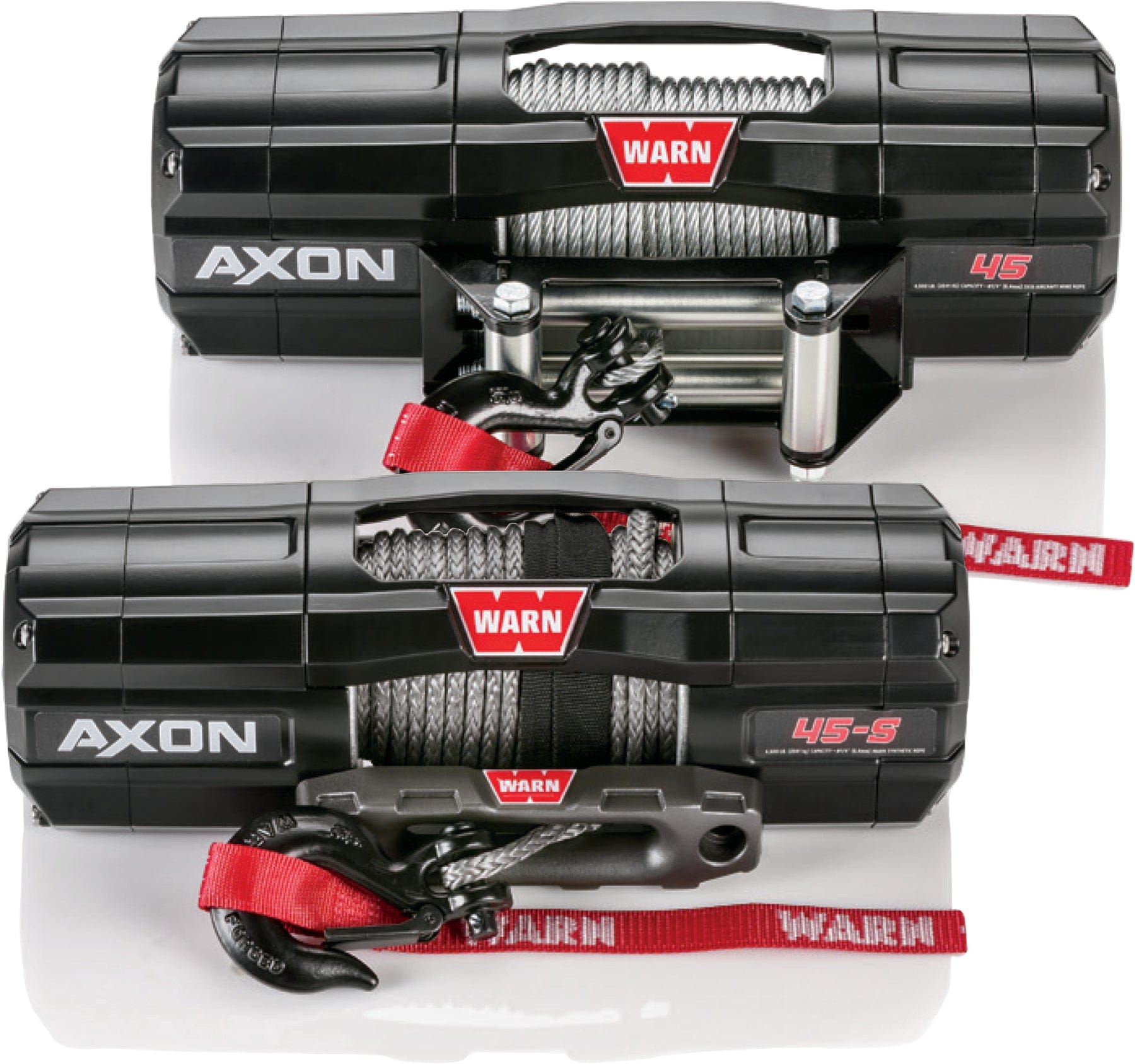 Two black WARN AXON 45 winches, each a powerful 4500 lb. UTV/ATV model featuring wire rope, red WARN branding, attached hooks with red straps, displayed on a white background.