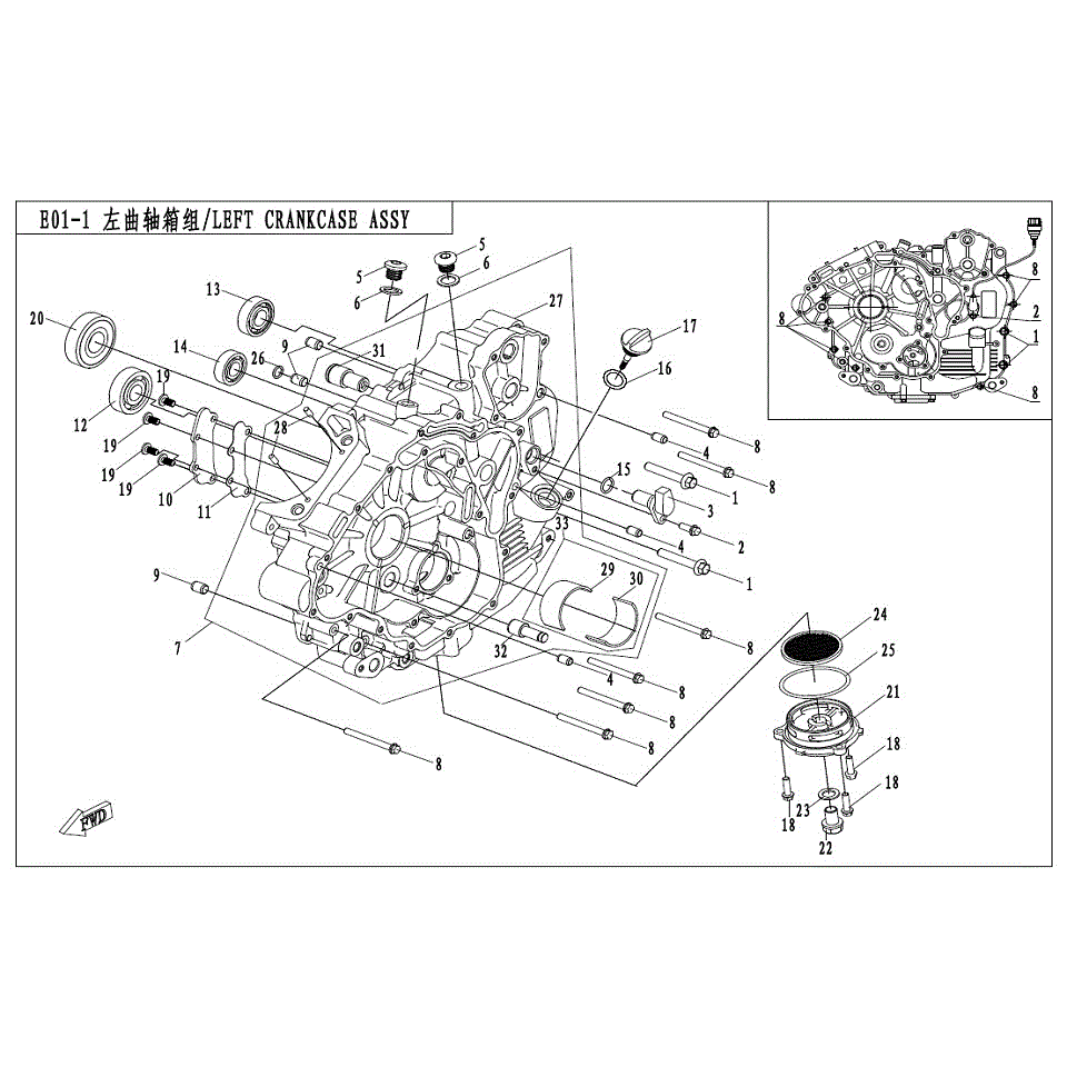An Image of a genuine CFMOTO Parts Schematic Diagram showing the group - LEFT CRANKCASE ASSY - 2017 CFMOTO CFORCE 500 S