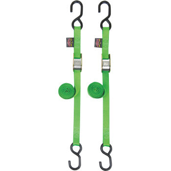 Two green Standard Tie Downs 1 x 5 1/2 by Powertye Mfg. with heavy-duty black S-hooks on each end are laid out parallel on a white background, with one end of each strap rolled up neatly.