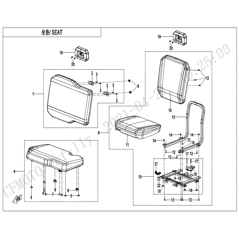 An Image of a Genuine CFMOTO Parts Schematic Diagram showing the schematic - SEAT - 2021 CFMOTO UFORCE 600