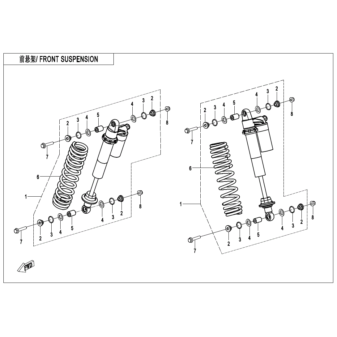 An Image of a Genuine CFMOTO Parts Schematic Diagram showing the schematic - FRONT SHOCK ABSORBER - 2024 CFMOTO ZFORCE 950 Trail
