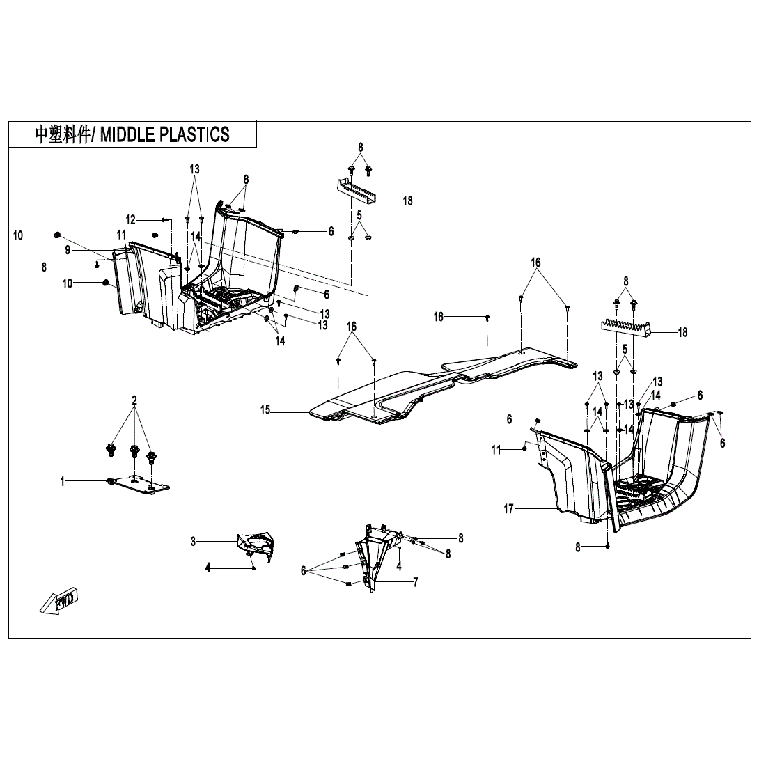 An Image of a genuine CFMOTO Parts Schematic Diagram showing the group - MIDDLE PLASTICS (WITHOUT GEARSHIFT LOCK) - 2025 CFMOTO CFORCE 600