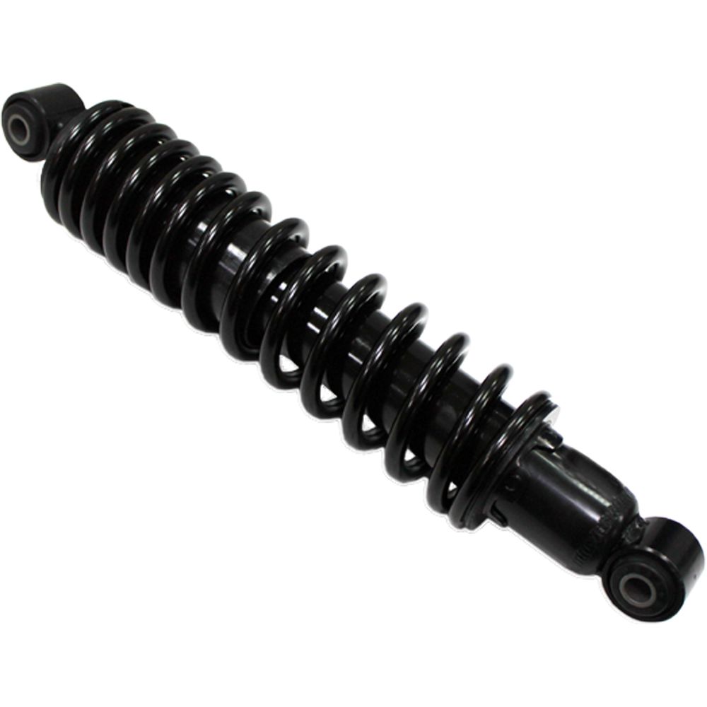 A black metal coil spring shock absorber, the Kawasaki Bayou UTV/ATV Rear Gas Shock by Bronco, is shown isolated on a white background.