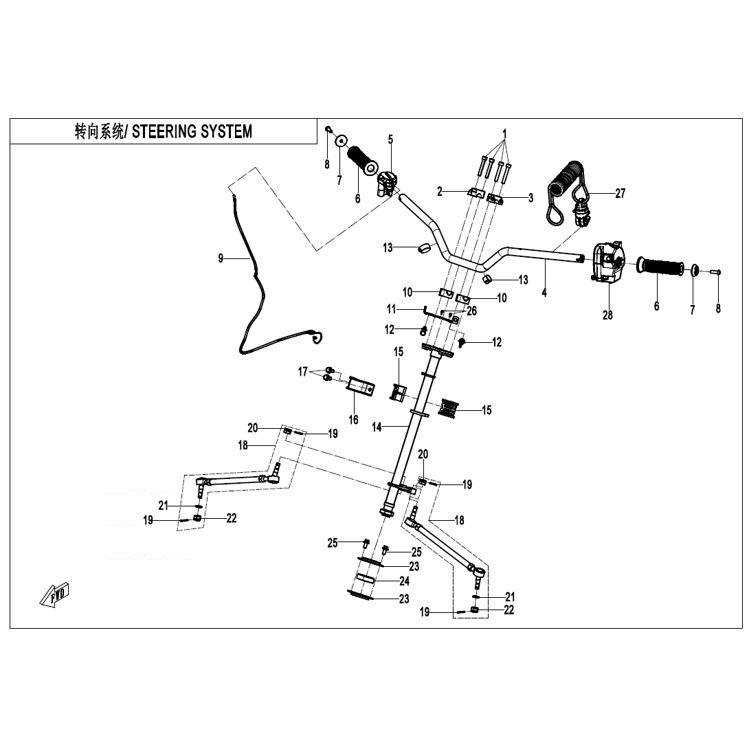 An Image of a genuine CFMOTO Parts Schematic Diagram showing the group - STEERING SYSTEM - 2023 CFMOTO CFORCE 110