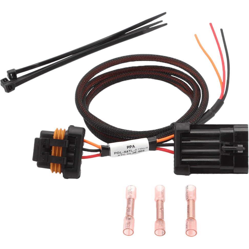 The Brake/Tail Light Acc. Power Harness Pol by XTC Power features a black connector, wires in a black sleeve, three heat shrink connectors, and two black zip ties, all displayed on a white background.
