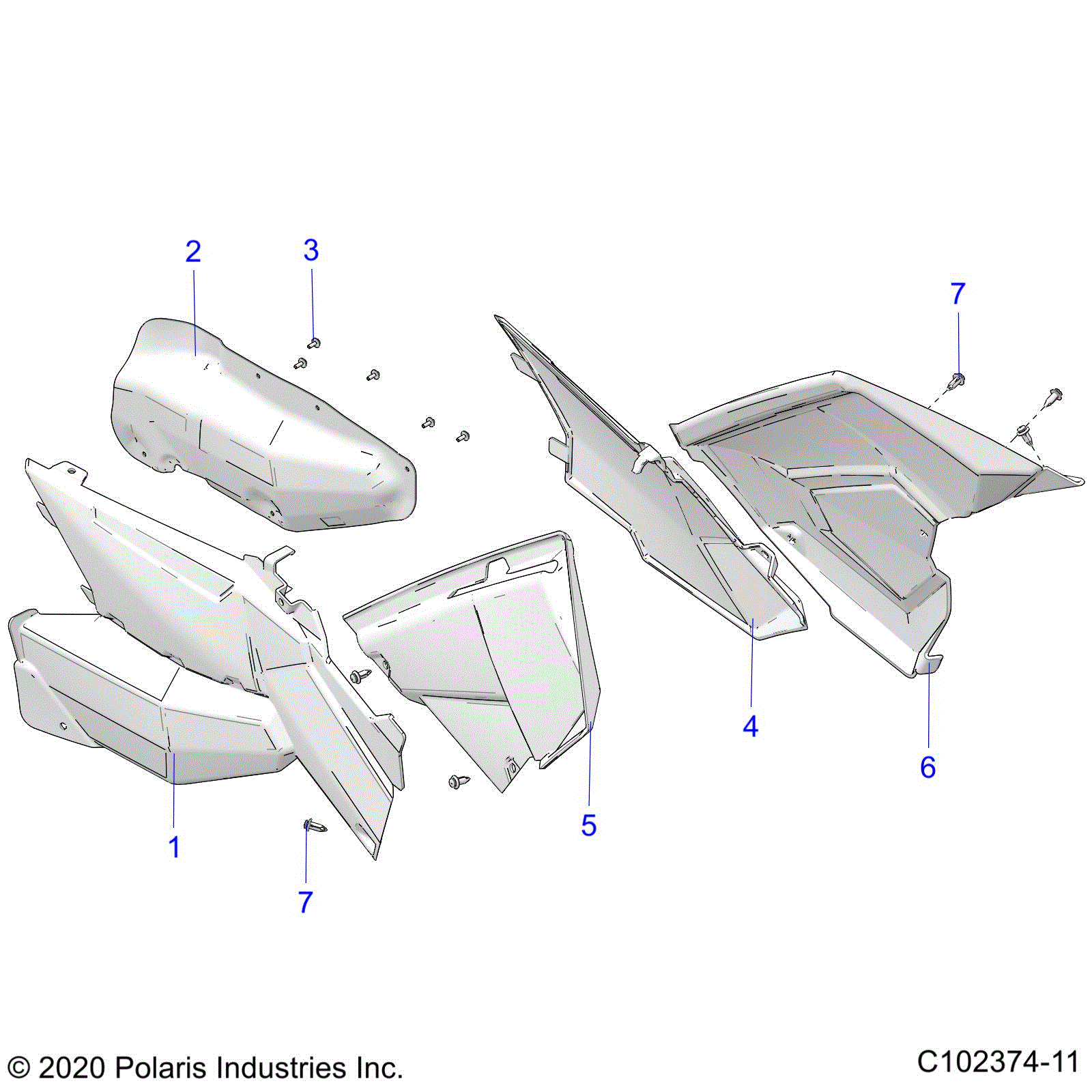 An Image of a Genuine Polaris Parts Schematic Diagram showing the schematic - BODY: SIDE PANELS - 2020 POLARIS SCRAMBLER 850 48"