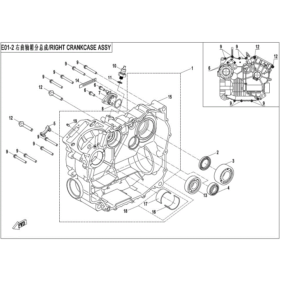 An Image of a genuine CFMOTO Parts Schematic Diagram showing the group - RIGHT CRANKCASE ASSY - NEW - 2017 CFMOTO CFORCE 400