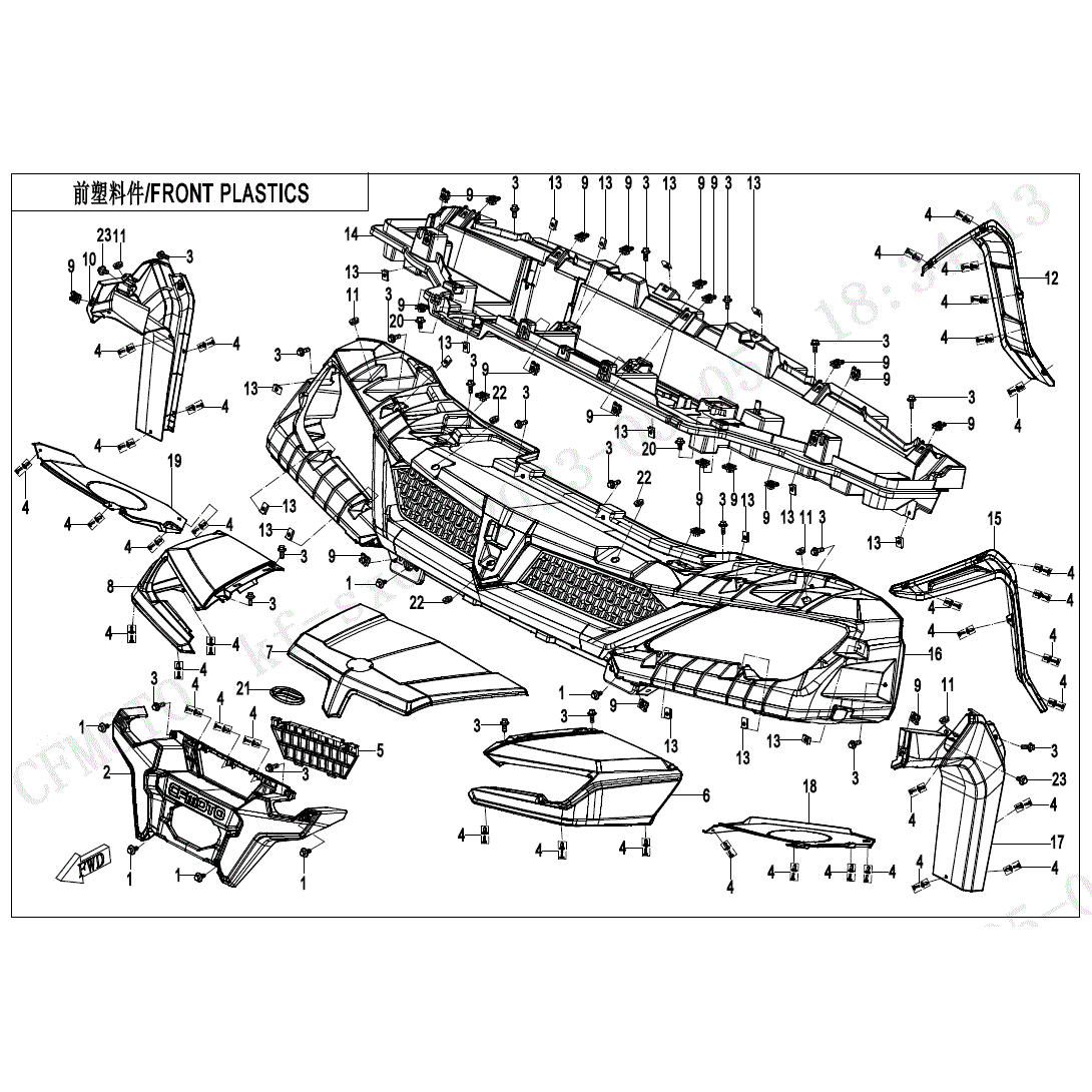 An Image of a Genuine CFMOTO Parts Schematic Diagram showing the schematic - FRONT PLASTICS - 2024 CFMOTO UFORCE 1000