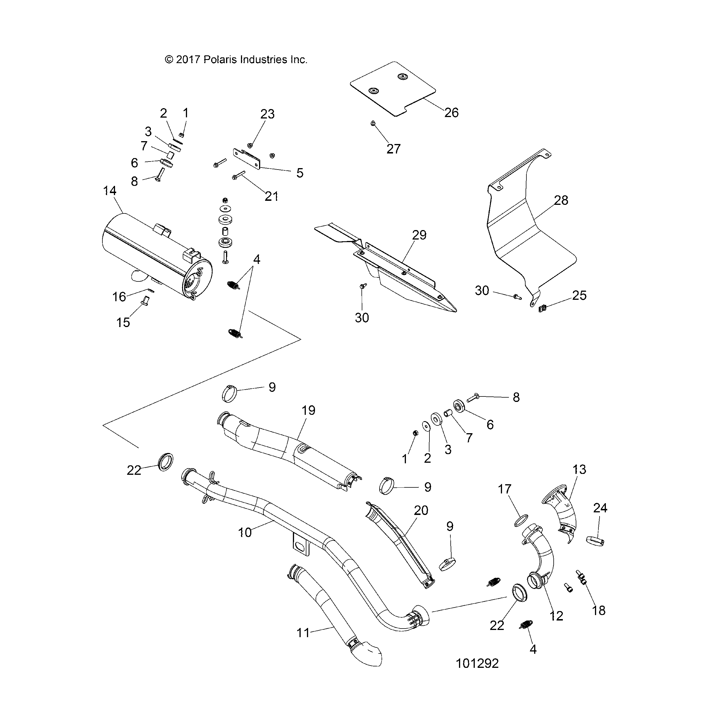 An Image of a Genuine Polaris Parts Schematic Diagram showing the schematic - ENGINE: EXHAUST - 2018 POLARIS SPORTSMAN 570 6X6