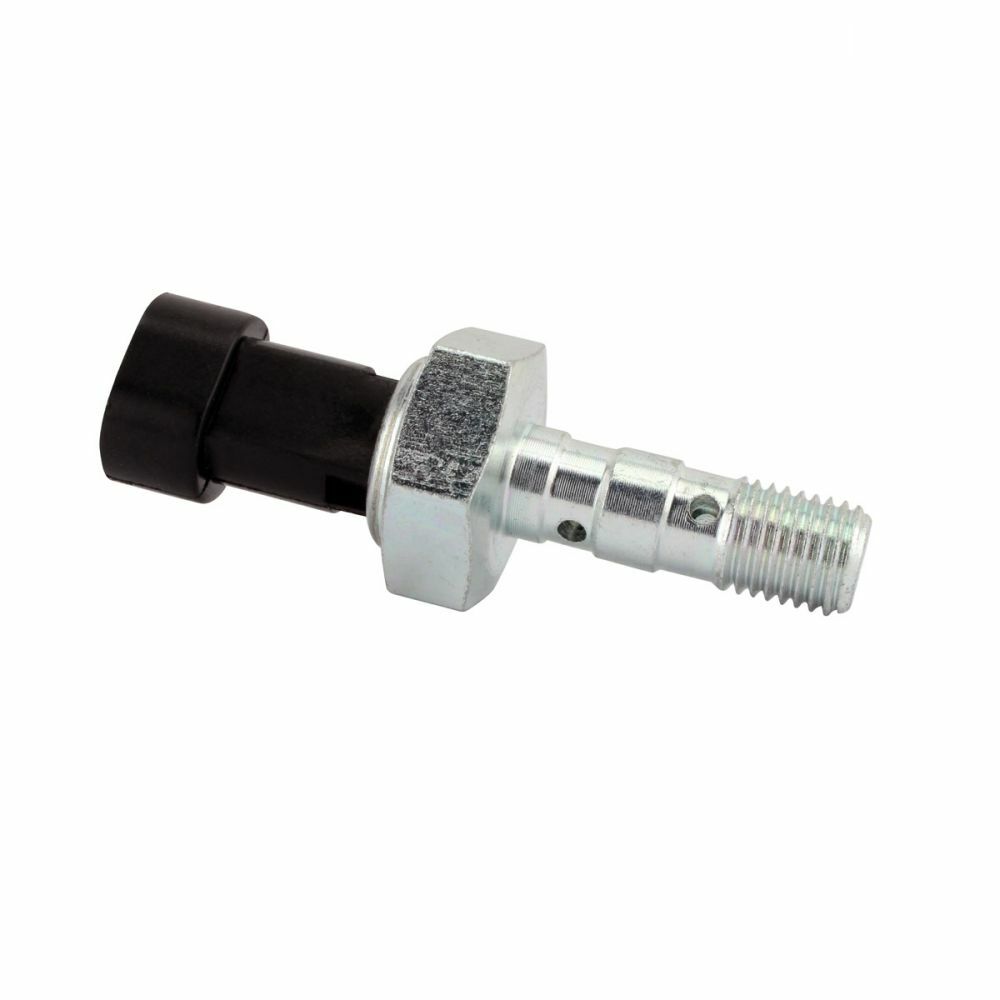 Compact brake pressure switch with silver metal threaded body and black plastic connector end.