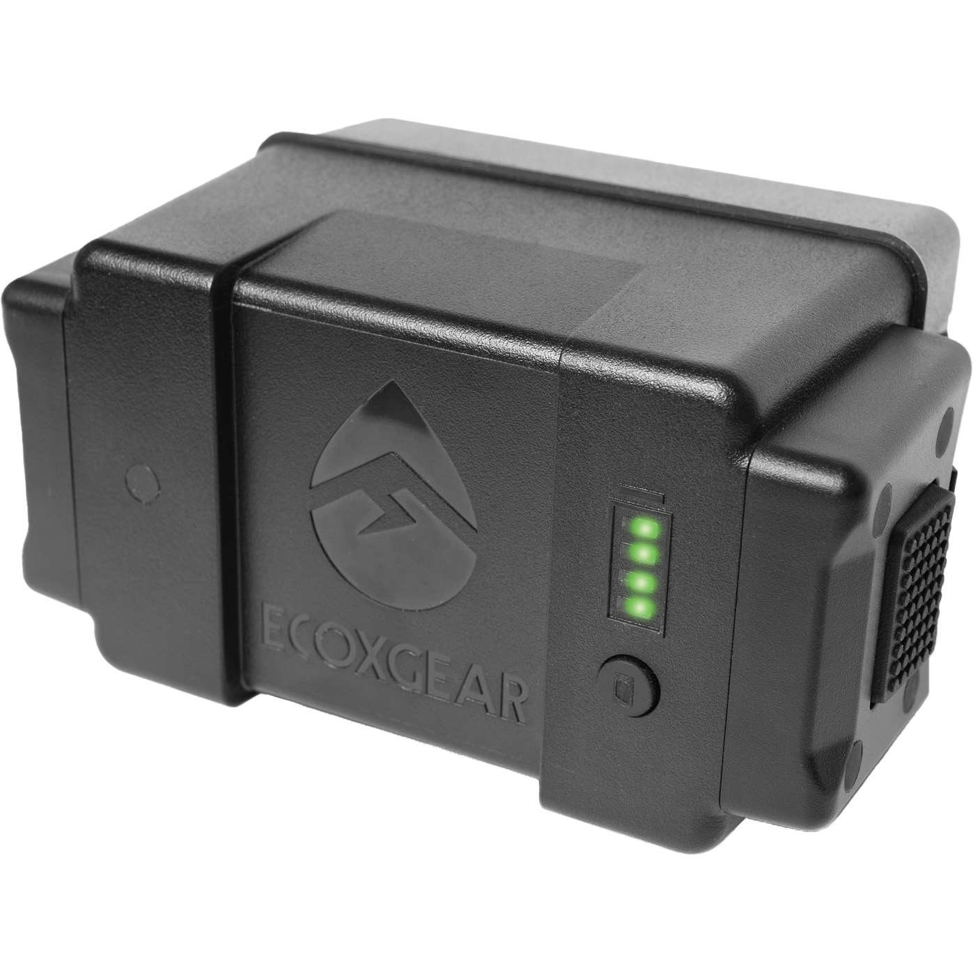 The Replacement Seb26 Battery by EcoXGear is a rugged, rectangular black device featuring the EcoXGEAR logo on its side, four green LED indicator lights, and a button located below the lights.