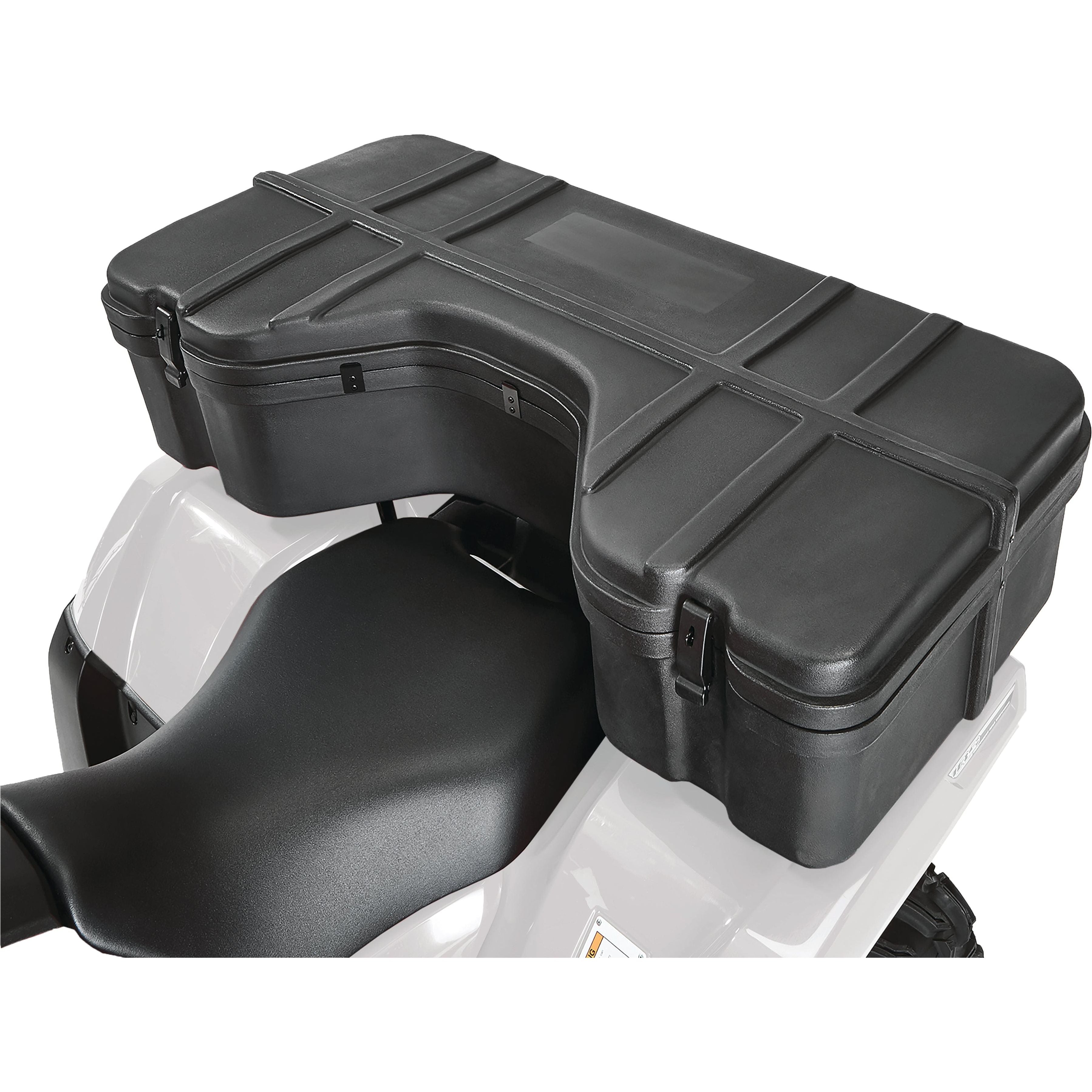 The ATV Large Cargo Box by Open Trail, crafted from durable Polyethylene, is mounted on the rear rack of a white ATV. It features lockable latches and a U-shaped cutout for seat clearance, offering both security and convenience.