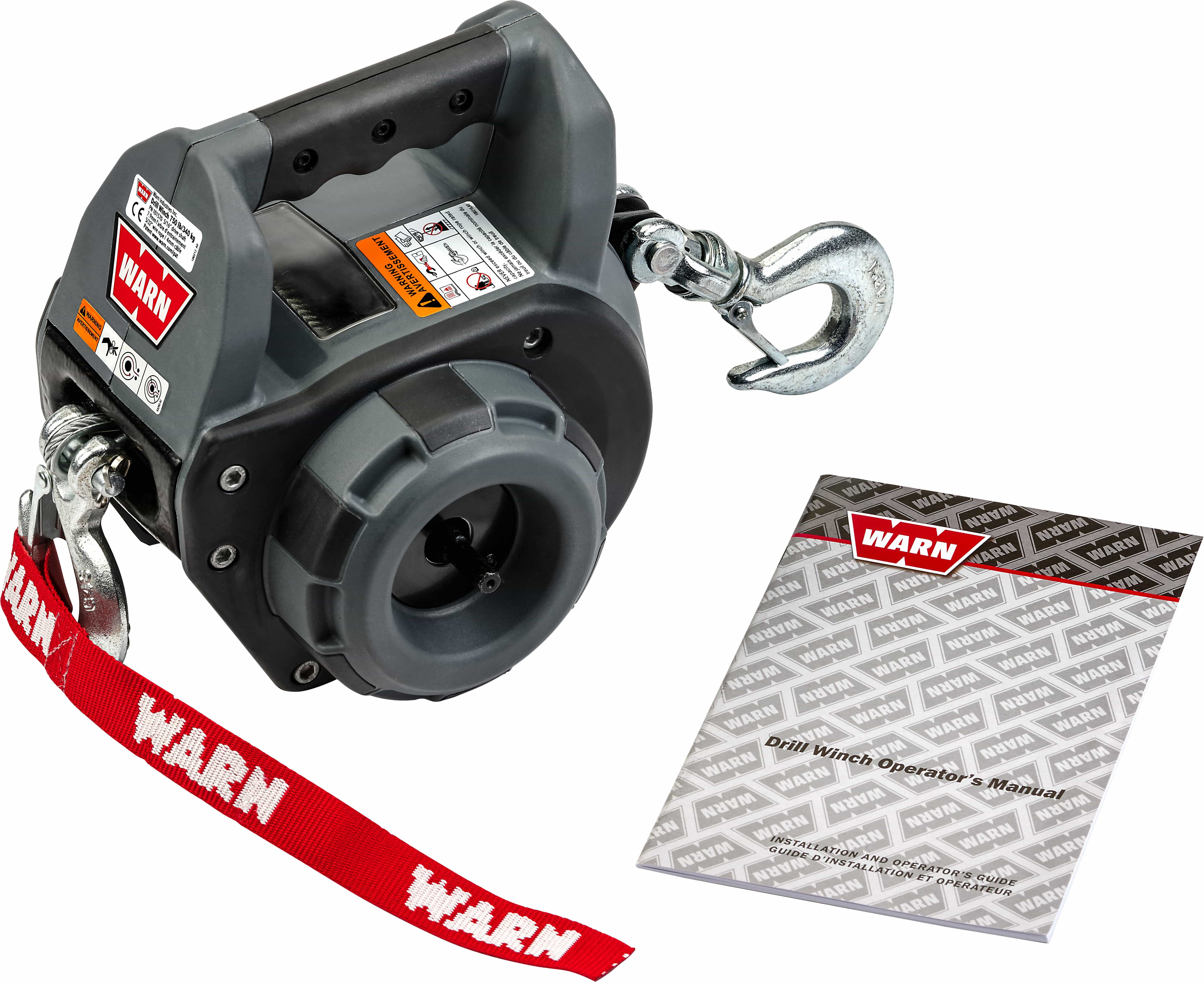 The 750 lb. UTV/ATV Drill Winch w/ Wire Rope by Warn is lightweight and portable, featuring a red Warn-branded strap, metal hook, and comes with a Warn Drill Winch Operator’s Manual, shown on a white background.