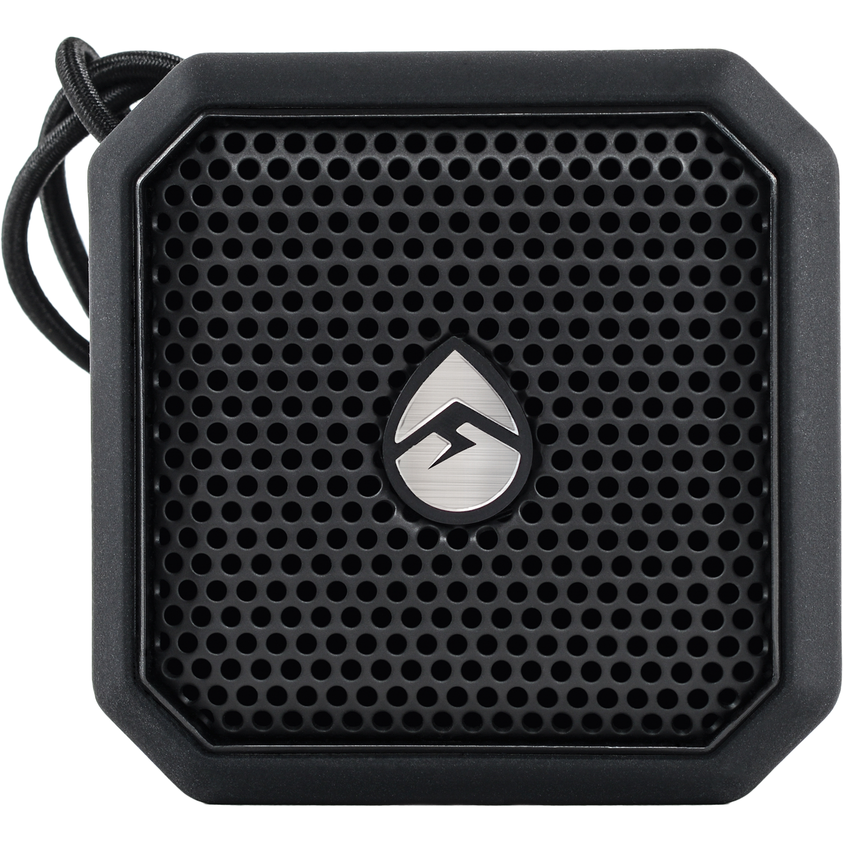 The Ecopebble Lite Black by EcoXGear is a compact, square portable speaker featuring a black perforated front grille with a water droplet logo at the center and a small looped strap on the top left corner.