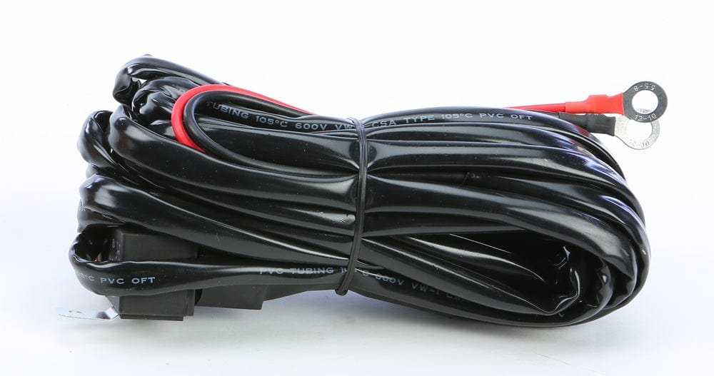 The Light Bar Wire Harness Up To 21.5 by Open Trail features a coiled black cable with a red wire and metal ring terminal, secured with a twist tie, displayed on a white background.