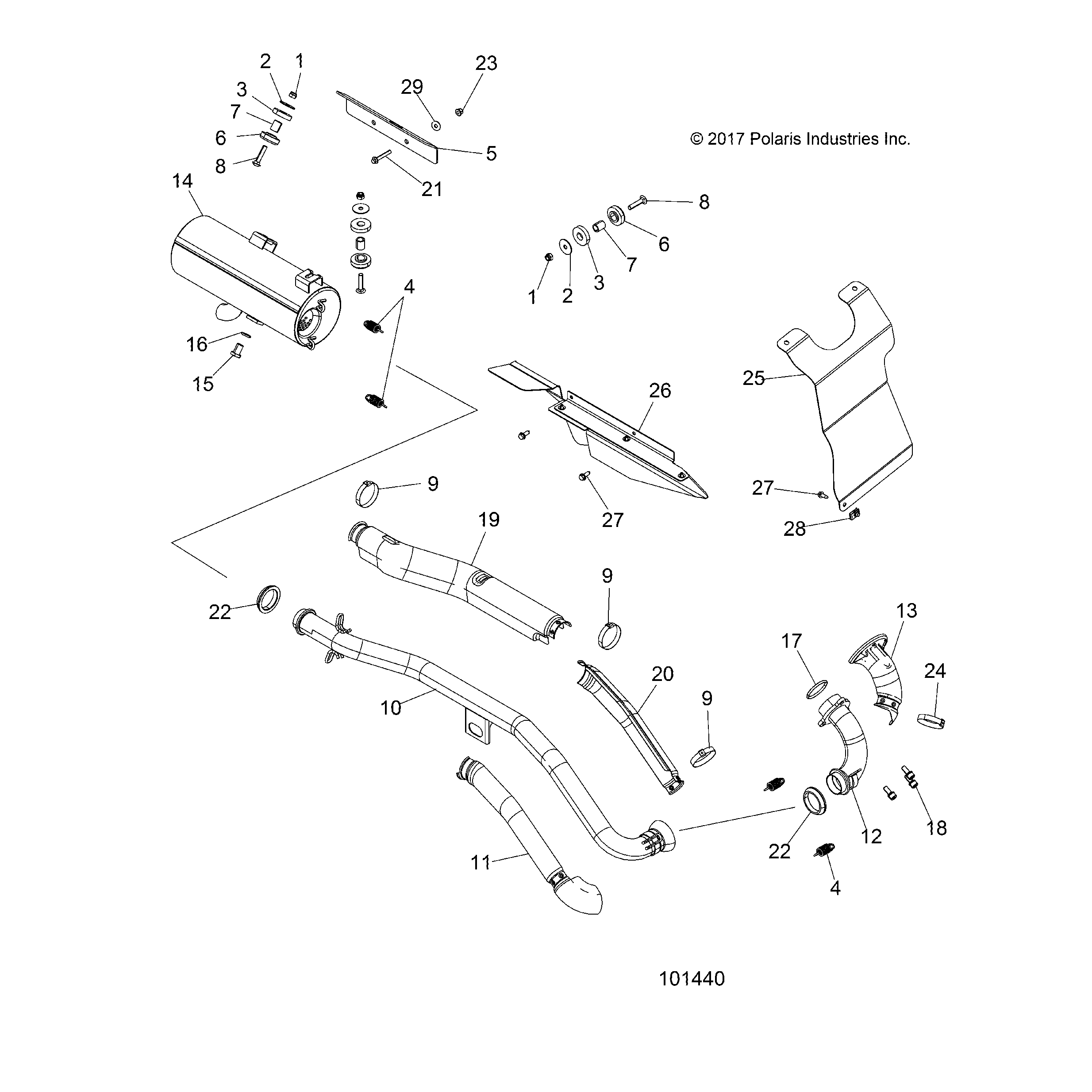 An Image of a Genuine Polaris Parts Schematic Diagram showing the schematic - ENGINE: EXHAUST - 2018 POLARIS SPORTSMAN 570 SP