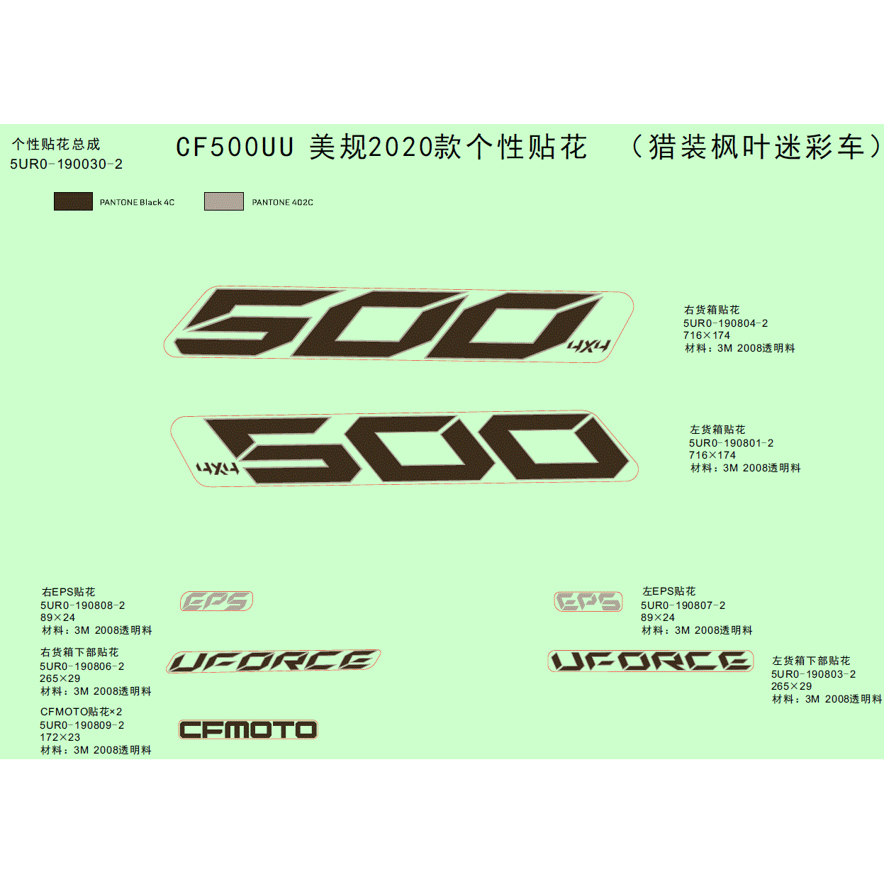 An Image of a Genuine CFMOTO Parts Schematic Diagram showing the schematic - DECAL KITS (2020 - 2020 CFMOTO UFORCE 500