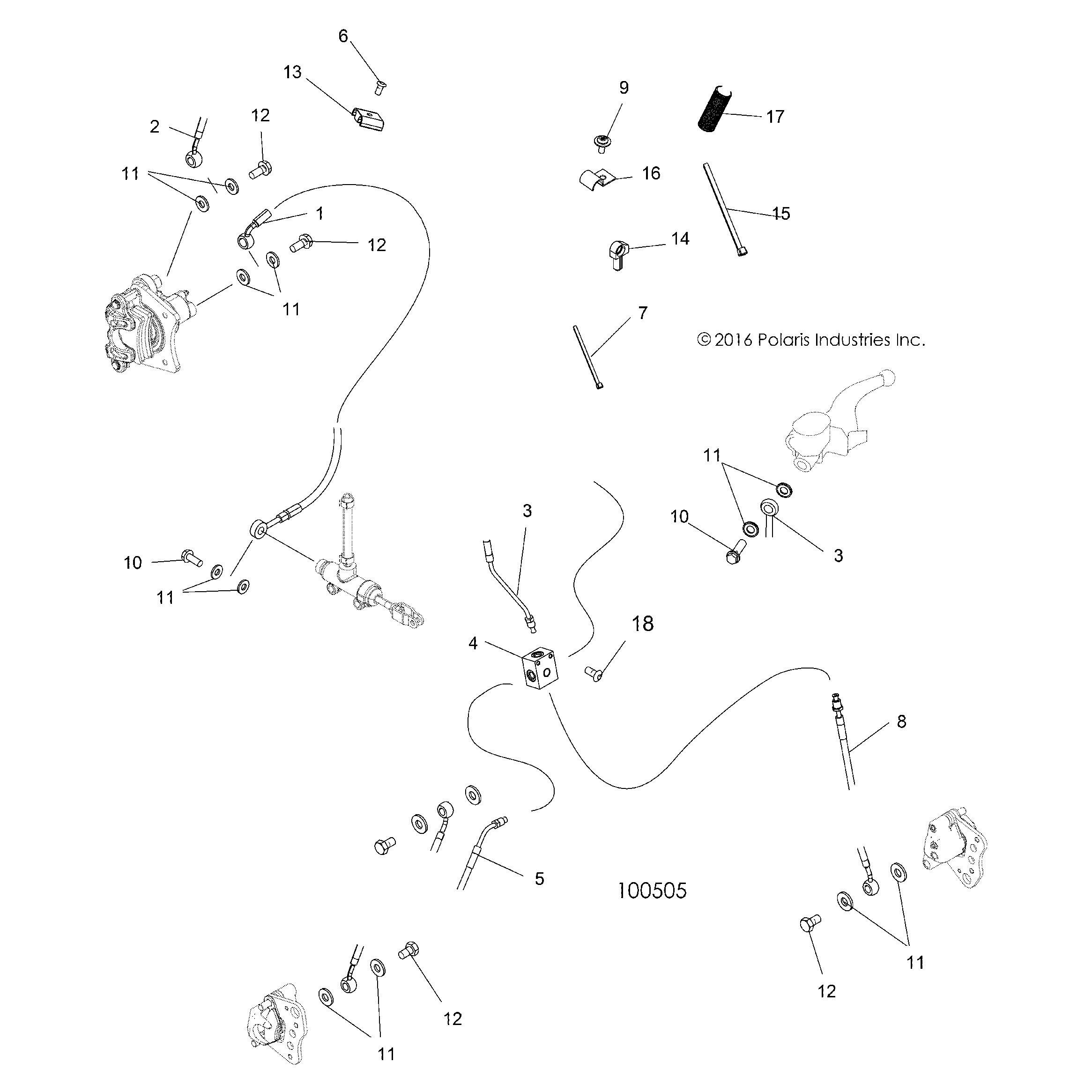 An Image of a Genuine Polaris Parts Schematic Diagram showing the schematic - BRAKES: BRAKE LINES - 2018 POLARIS SPORTSMAN TOURING 570 EFI/EPS