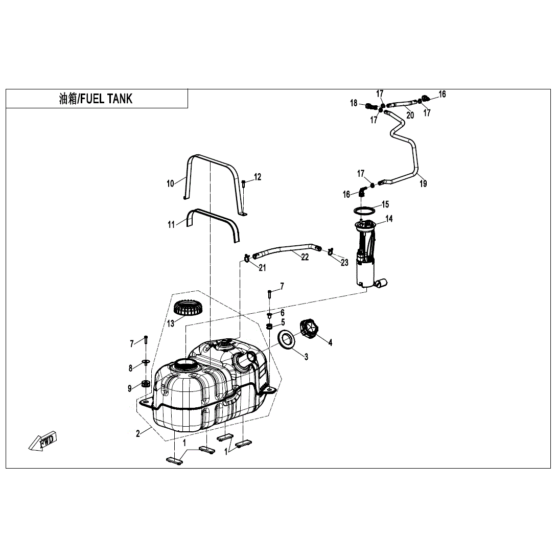 An Image of a Genuine CFMOTO Parts Schematic Diagram showing the schematic - FUEL TANK (FOR NON FUEL EVAPORATION SYSTEM) - 2025 CFMOTO UFORCE 800 XL