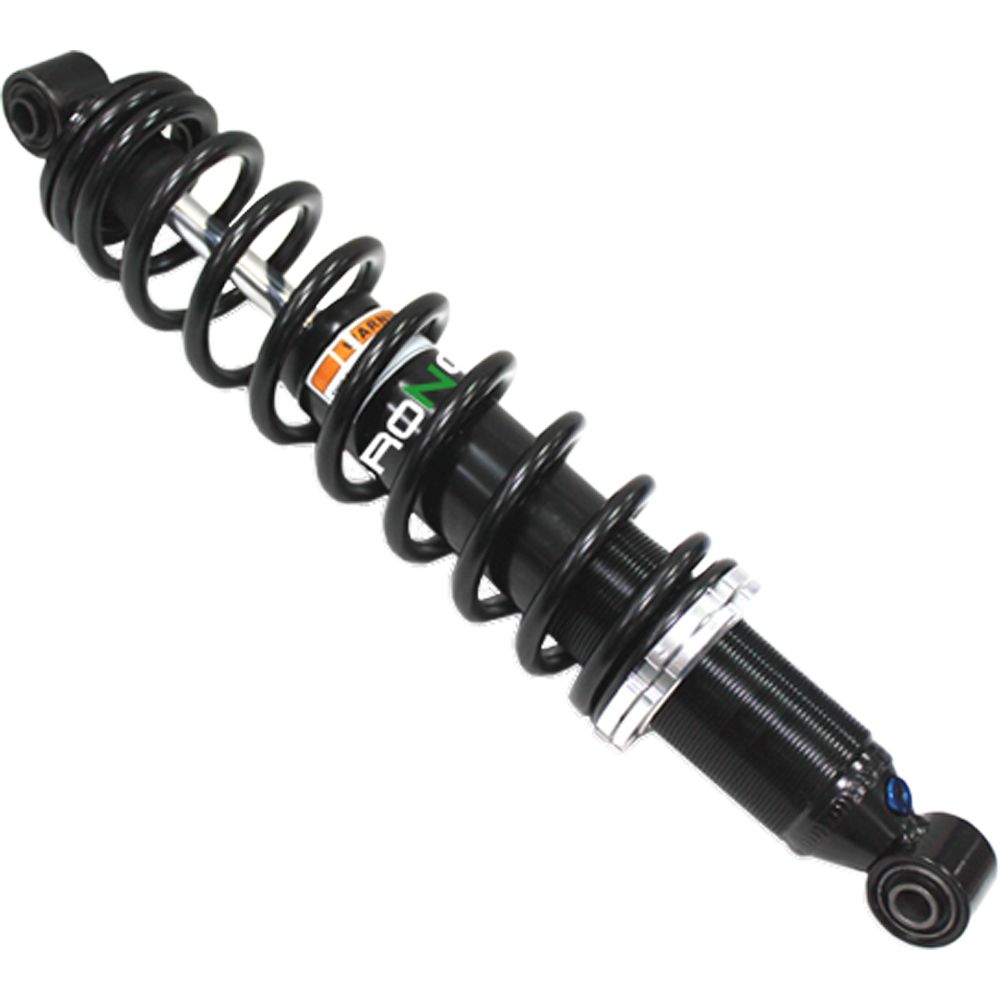 The Yamaha Grizzly UTV/ATV Front Gas Shock by Bronco is a black shock absorber with a tightly wound spring and adjustment rings, designed for UTV/ATV suspension systems, available at Witchdoctors.com.