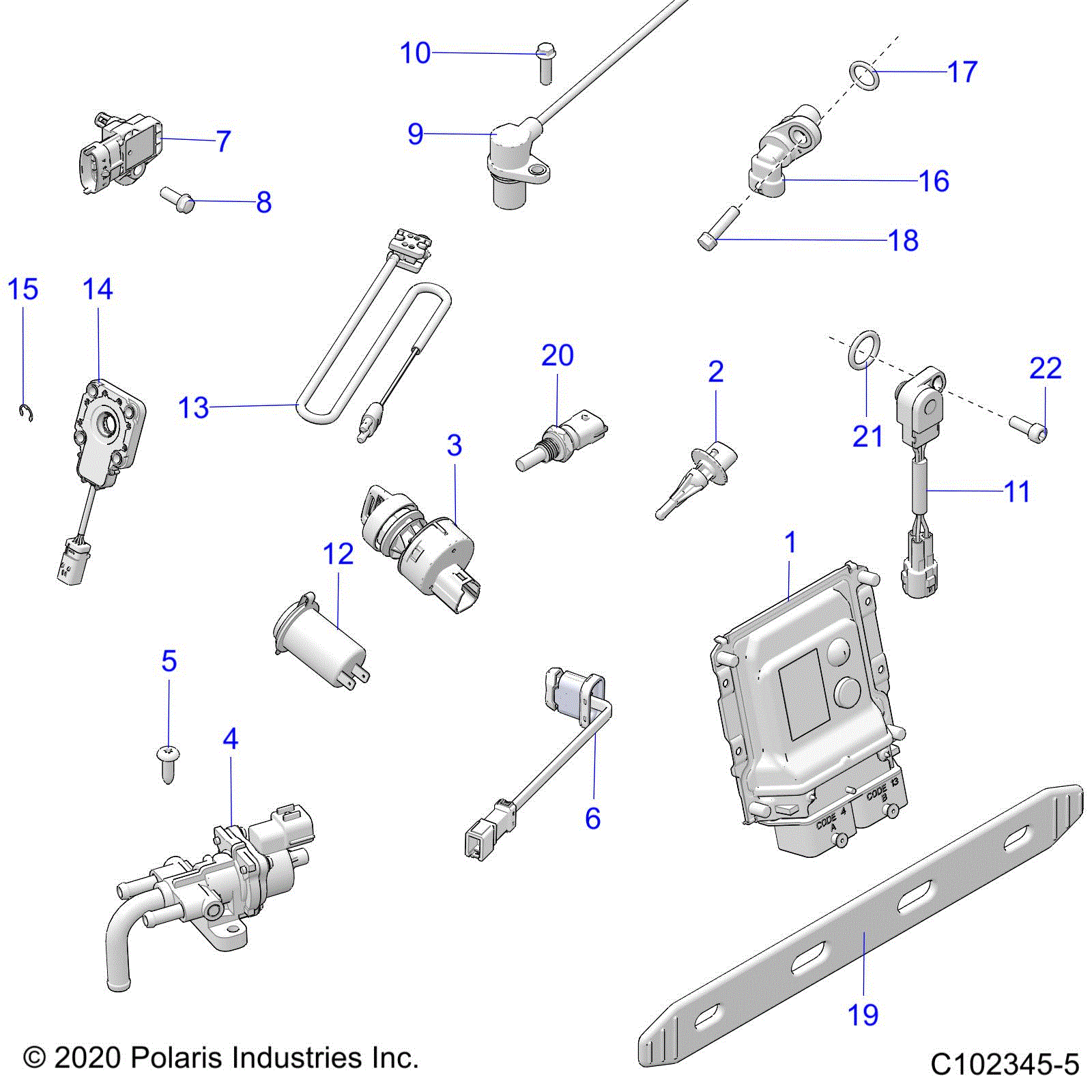 An Image of a Genuine Polaris Parts Schematic Diagram showing the schematic - ELECTRICAL: SWITCHES SENSORS ECU and CONTROL MODULES - 2021 POLARIS SPORTSMAN XP 1000 HIGH LIFTER