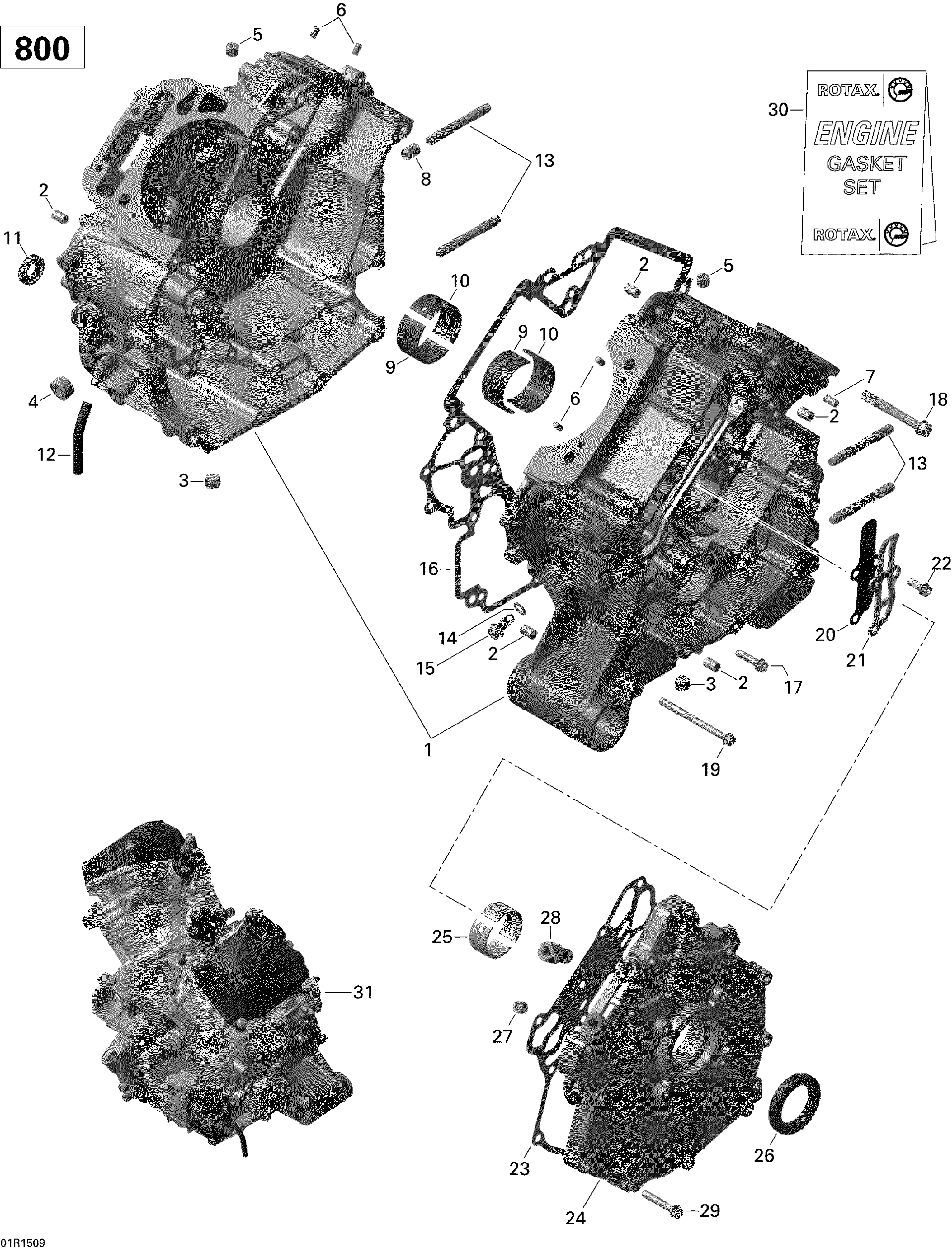 An Image of a Genuine Can-Am Parts Schematic Diagram showing the schematic - CRANKCASE _01R1509