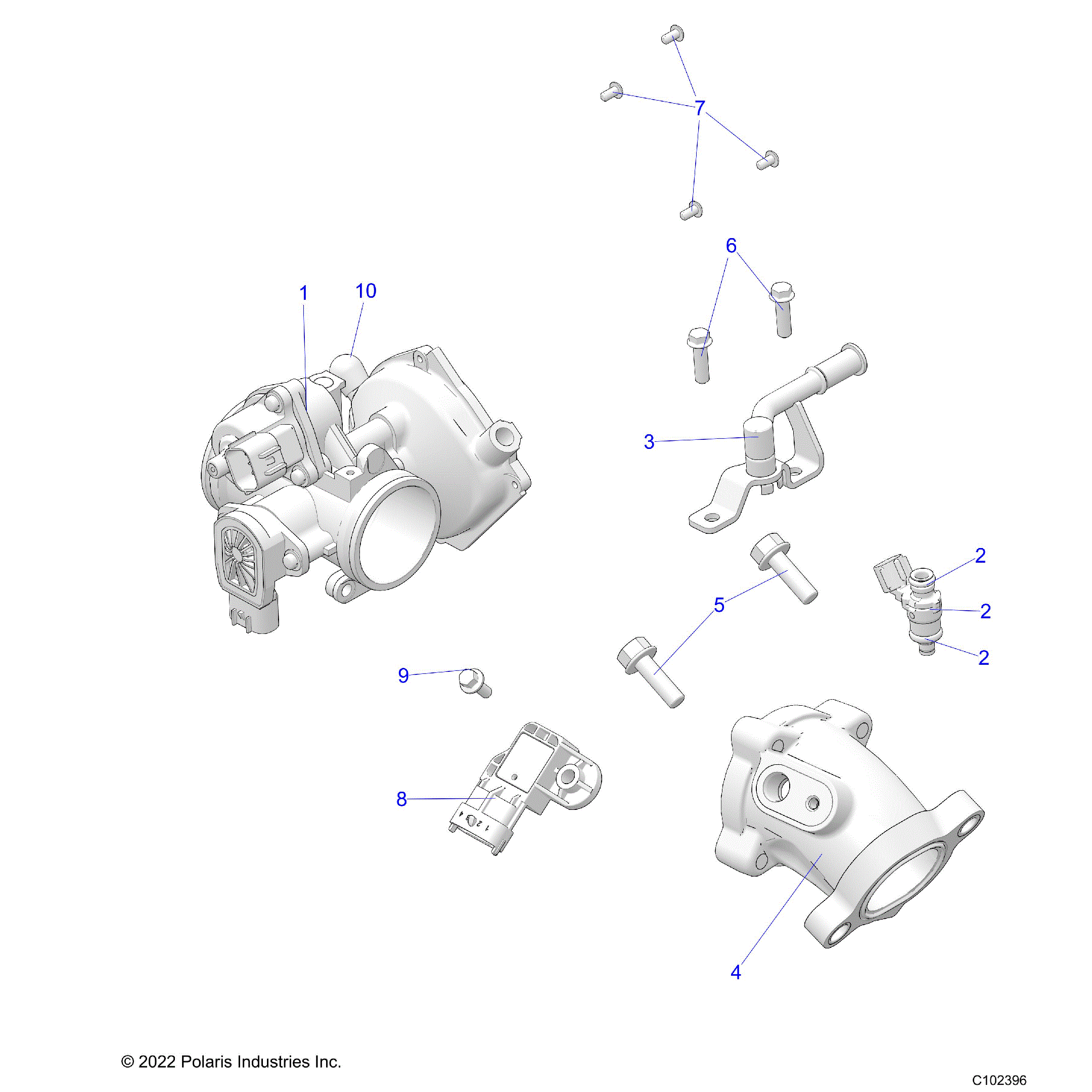 An Image of a Genuine Polaris Parts Schematic Diagram showing the schematic - ENGINE: THROTTLE BODY and FUEL RAIL - 2022 POLARIS SPORTSMAN 570 EPS EBS ULTIMATE TRAIL 49S
