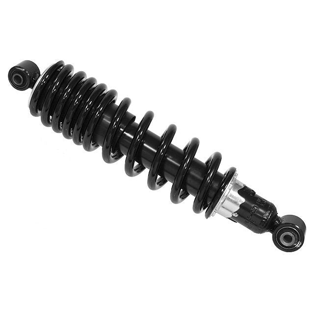 A Bronco Honda Pioneer 500/Yamaha Kodiak Shock Assembly, black metal coil spring with mounting points at each end, typically used in UTV/ATV suspension systems, is shown on a white background.
