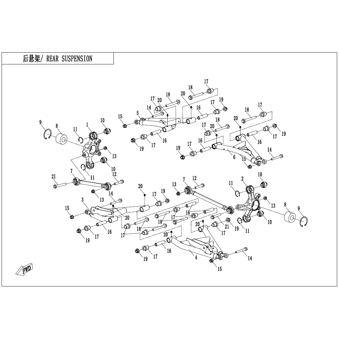 An Image of a Genuine CFMOTO Parts Schematic Diagram showing the schematic - REAR SUSPENSION - 2025 CFMOTO ZFORCE 800 Trail