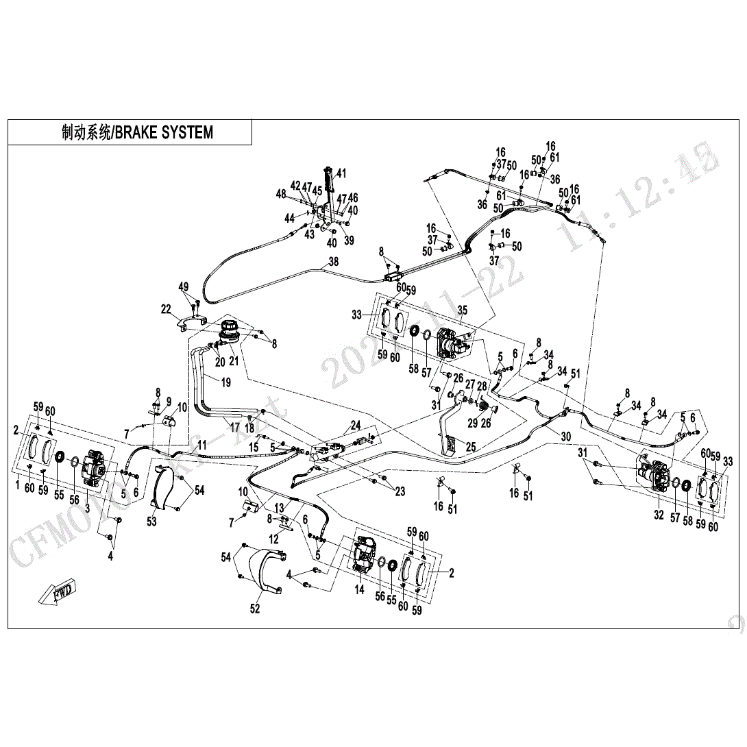 An Image of a Genuine CFMOTO Parts Schematic Diagram showing the schematic - BRAKE SYSTEM - 2022 CFMOTO UFORCE 1000 XL