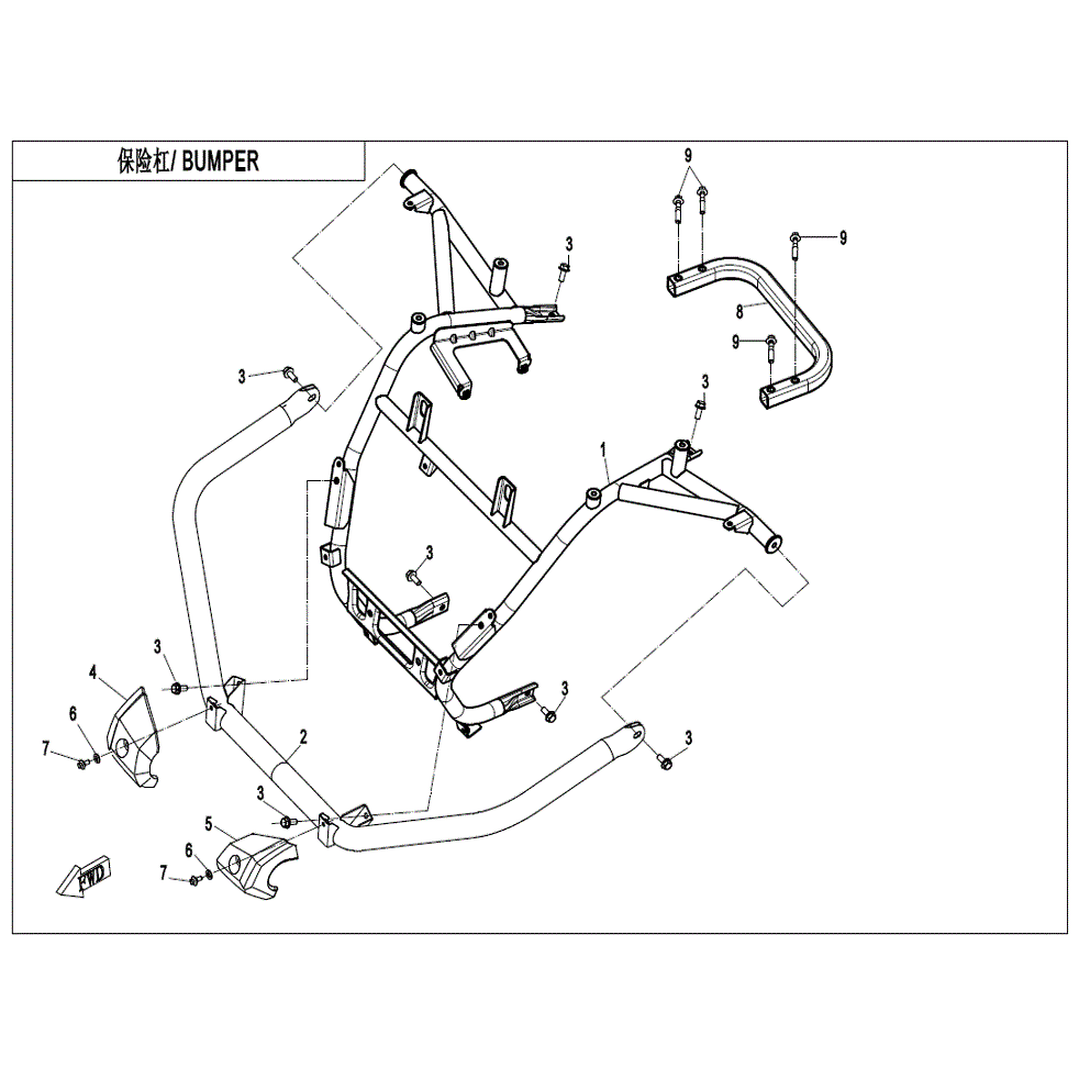 An Image of a genuine CFMOTO Parts Schematic Diagram showing the group - BUMPER - 2022 CFMOTO CFORCE 400