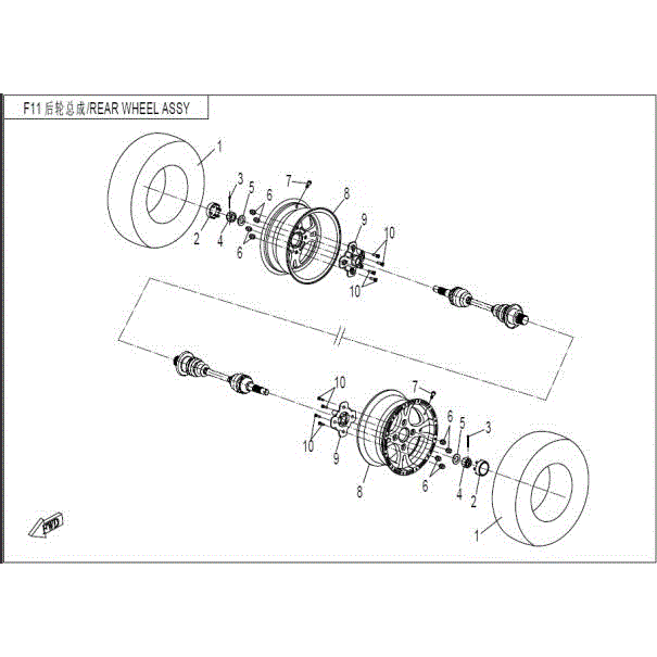 An Image of a Genuine CFMOTO Parts Schematic Diagram showing the schematic - REAR WHEEL ASSY - 2016 CFMOTO UFORCE 800