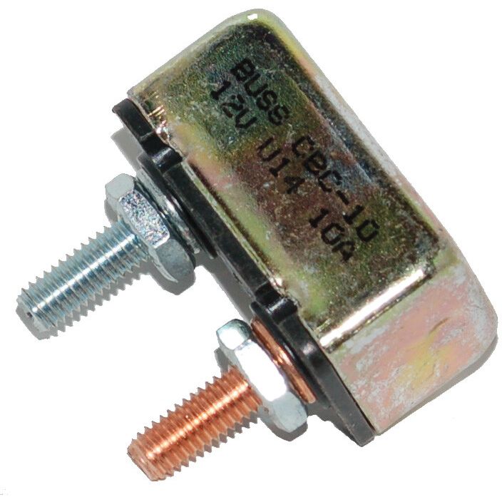 Compact rectangular metal circuit breaker with silver and copper threaded terminals and black plastic base.