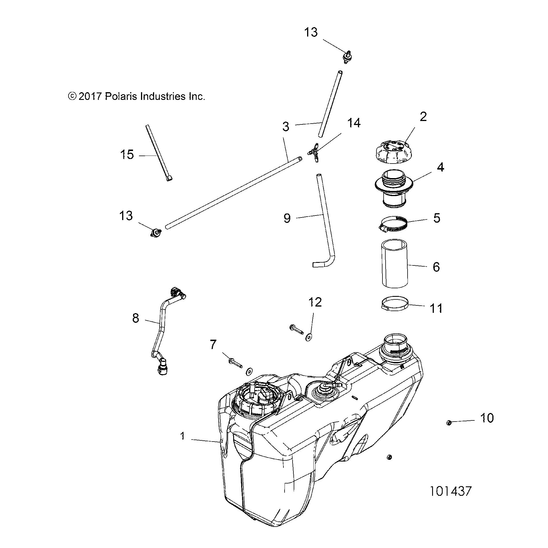 An Image of a Genuine Polaris Parts Schematic Diagram showing the schematic - BODY: FUEL TANK - 2018 POLARIS SPORTSMAN TOURING 1000