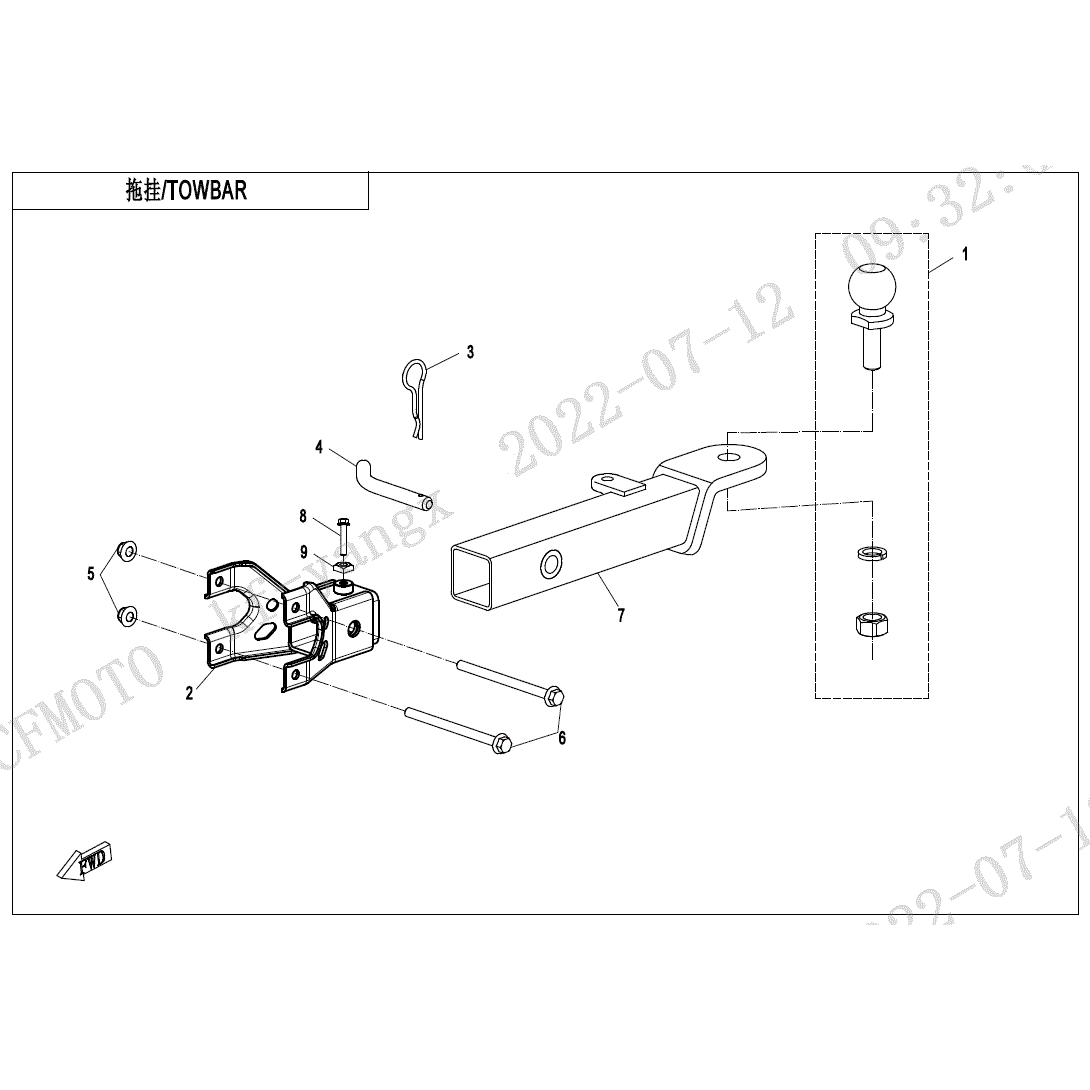 An Image of a genuine CFMOTO Parts Schematic Diagram showing the group - TOWBAR - 2023 CFMOTO CFORCE 1000
