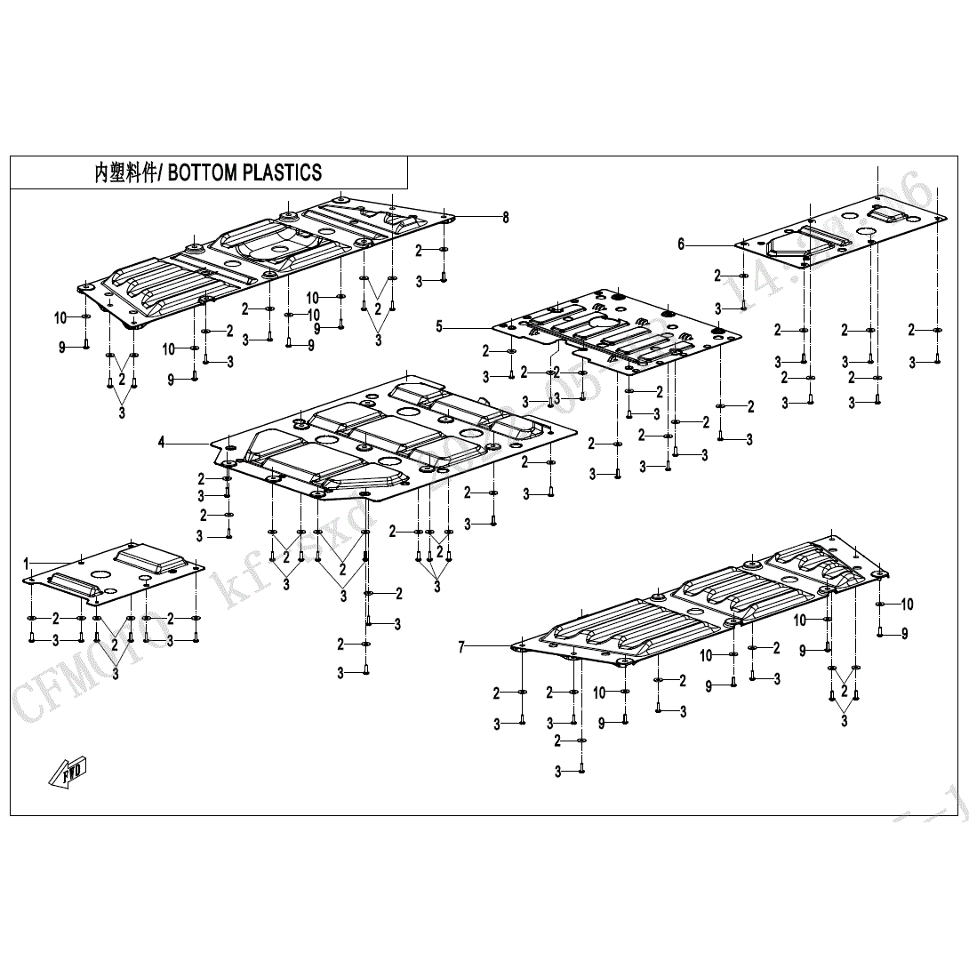 An Image of a Genuine CFMOTO Parts Schematic Diagram showing the schematic - BOTTOM PLASTICS - 2023 CFMOTO UFORCE 600