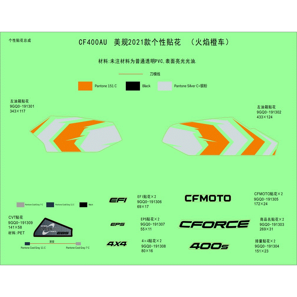 An Image of a genuine CFMOTO Parts Schematic Diagram showing the group - DECAL KITS (LAVA ORANGE) - 2021 CFMOTO CFORCE 400